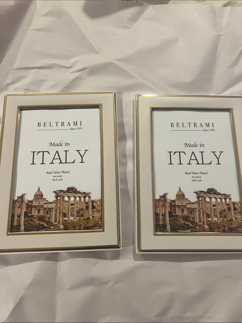 2 Cream and Gold Picture Frames Made in Italy Real Silver Plated 4x6 Open Box